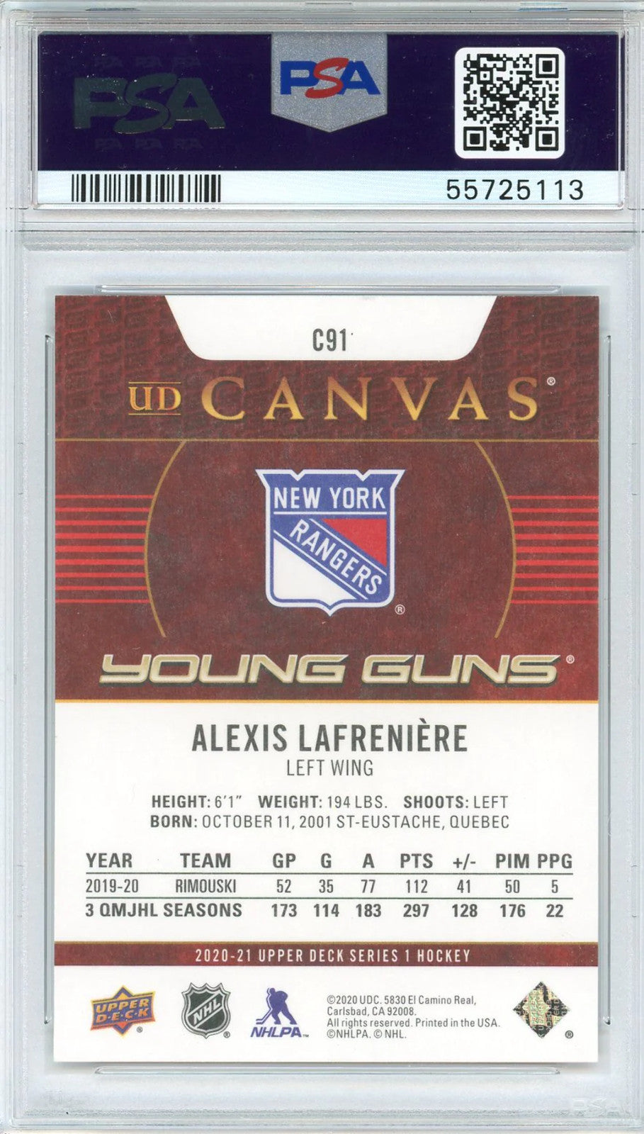 Alexis Lafreniere 2020 Upper Deck Canvas Rookie Card #C91 (Psa)