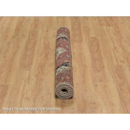 5'1"X7'2" Ivory Antiqued Heriz Re-Creation Hand Knotted Soft Wool Rug