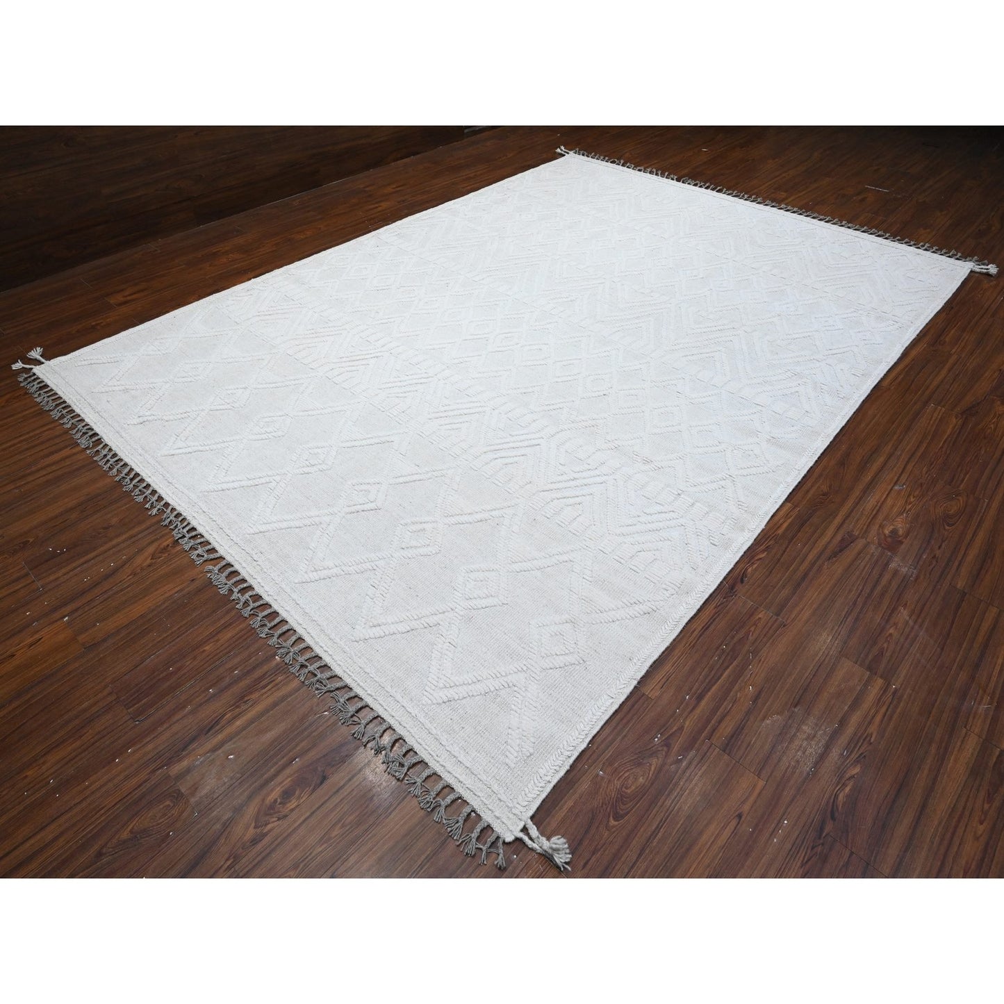 9'X12'6" Polar Bear White Hand Knotted Moroccan Weave Wool Oriental Rug