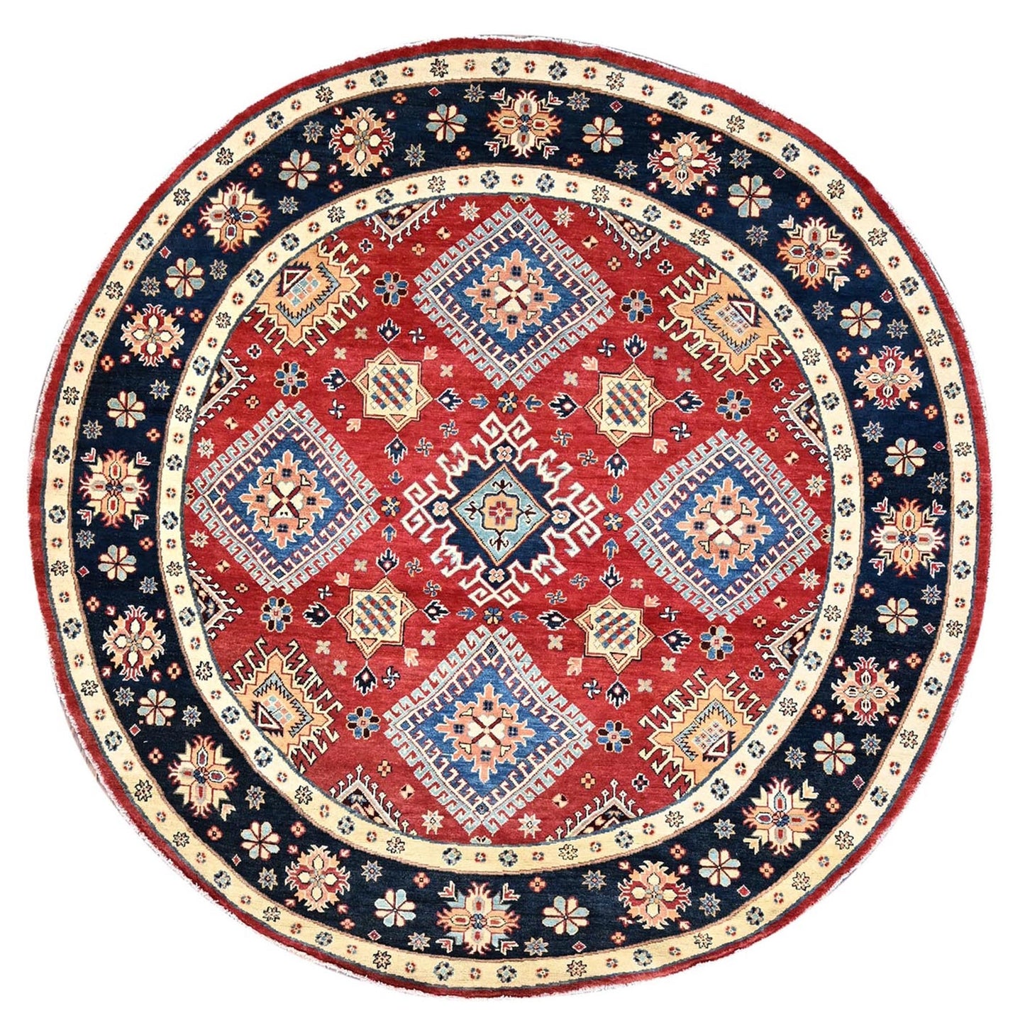 8'X8' Red Hand Knotted Densely Woven Wool Special Kazak Round Rug