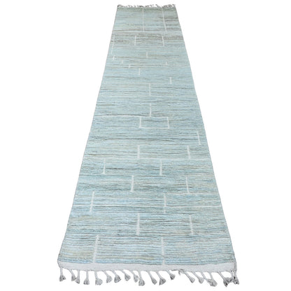 3'X13'2" Blue Geometric Moroccan Weave Soft Wool Hand Knotted Runner Rug