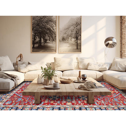 8'10"X12' Red Peshawar With Seeripe Heris Design Hand Knotted Soft Wool Rug