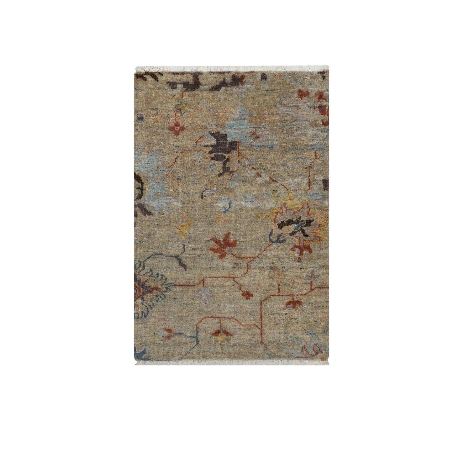 2'1"X3'1" Oak Brown Broken Pattern Oushak Design Wool Hand Knotted Rug