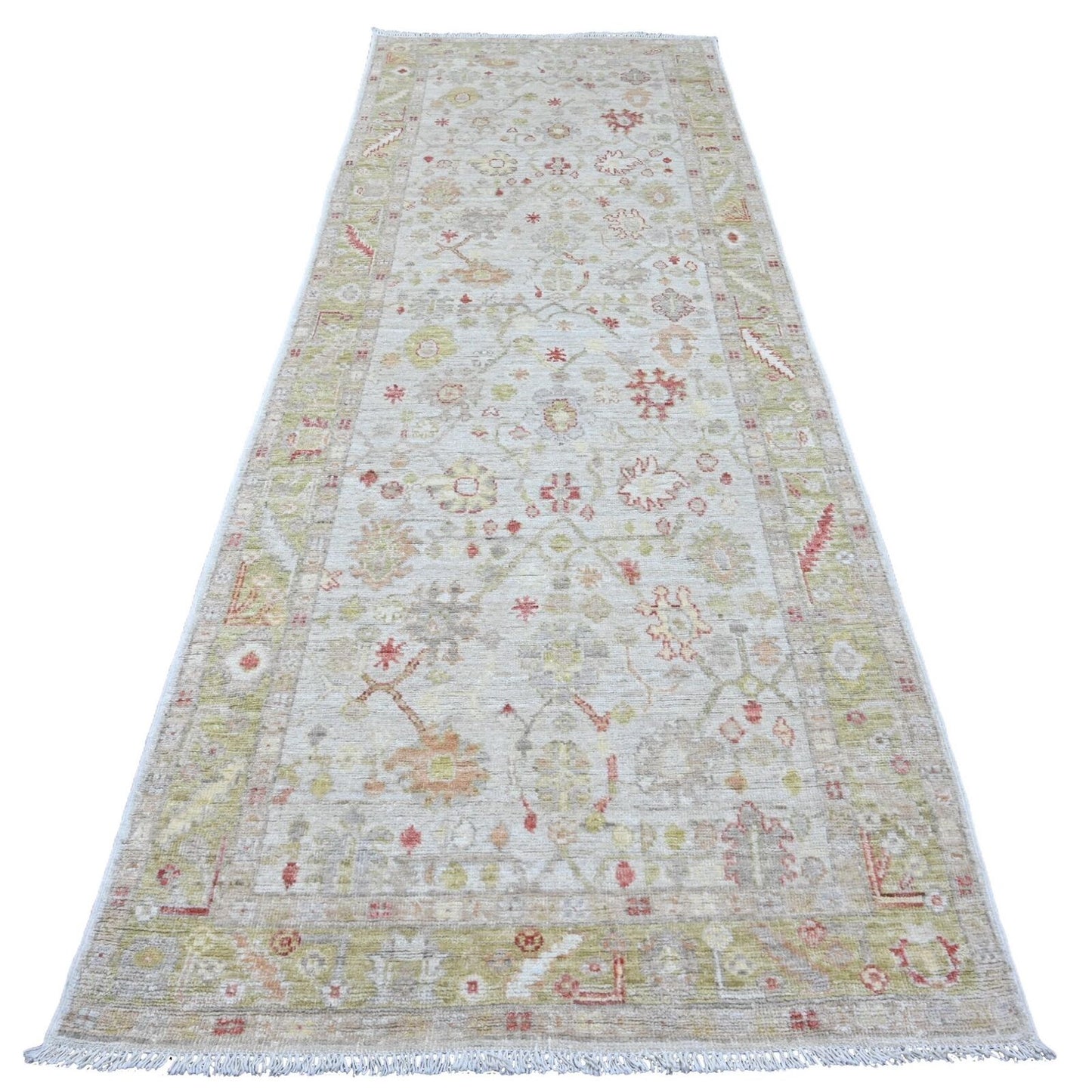4'X11'9" White Hand Knotted Angora Oushak Leaf Design All Wool Runner Rug