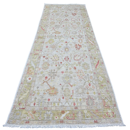 4'X11'9" White Hand Knotted Angora Oushak Leaf Design All Wool Runner Rug