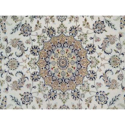 7'8"X10'2" Daisy White Nain Floral Design Hand Knotted Wool And Silk Rug