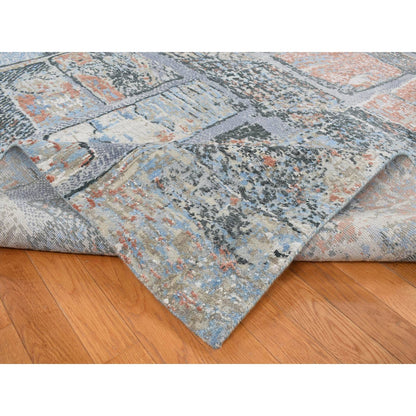 9'X12'2" Blue Modern Brick Design Hand Knotted Wool And Silk Rug