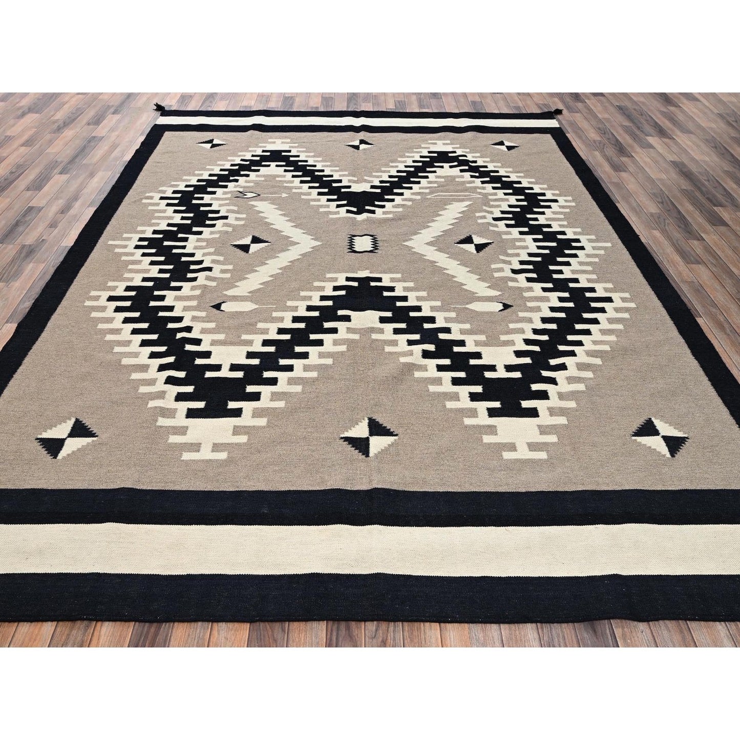 9'2"x11'10" Brown Southwest Geometric Design Hand Woven Flat Weave Wool Rug