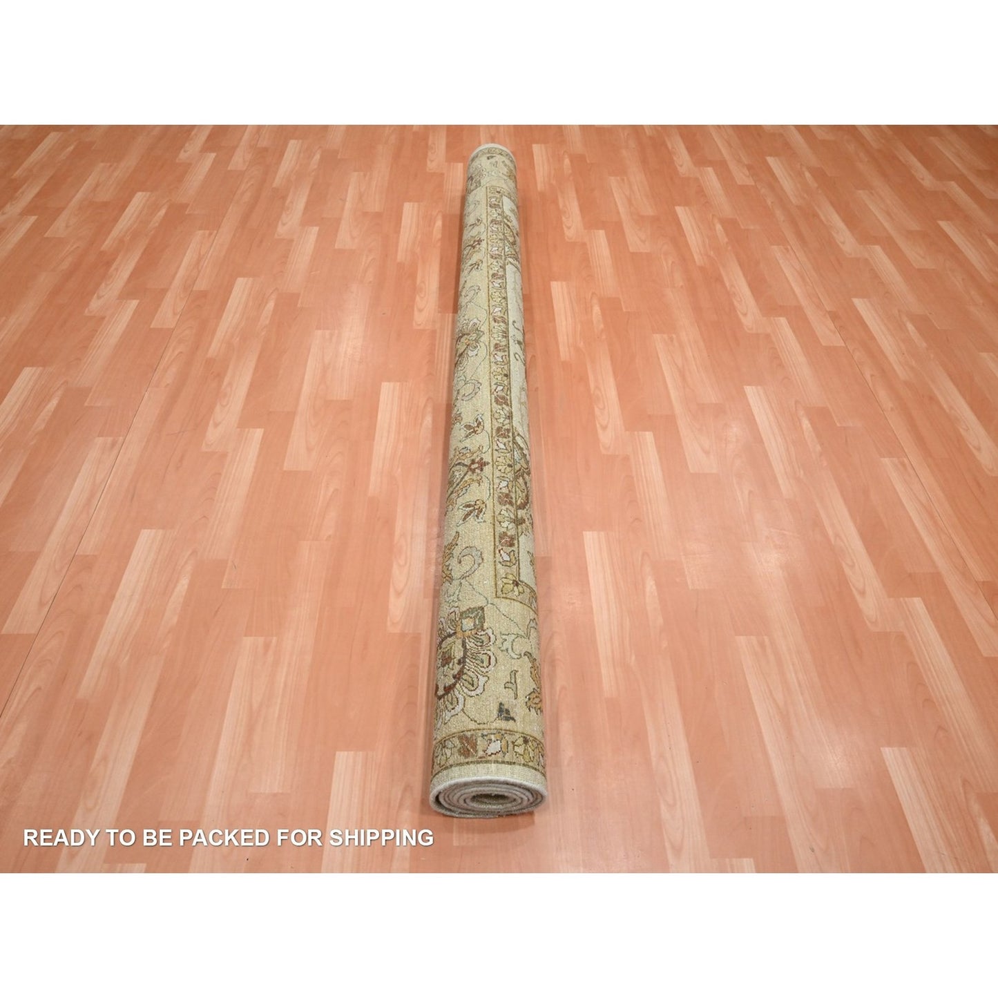 7'3"X9'3" Ivory Hand Knotted Agra Ziegler Design Leaf Pattern Wool Rug