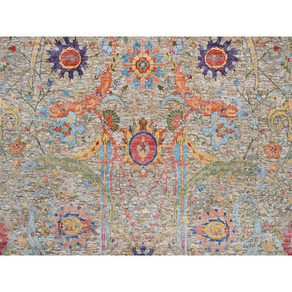 4'1"X12'2" Tan Sickle Design Silk And Wool Hand Knotted Wide Runner Rug