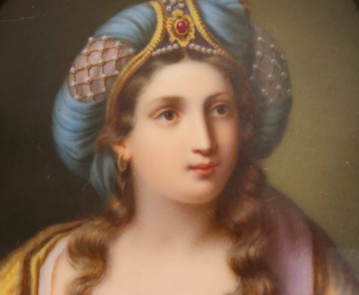 Kpm Berlin Porcelain Plaque Painting - Woman Beauty In Pearl Engraved Framed