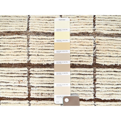 2'9"X9'5" Ivory Hand Knotted Rug Moroccan Weave Grid Design Wool Runner