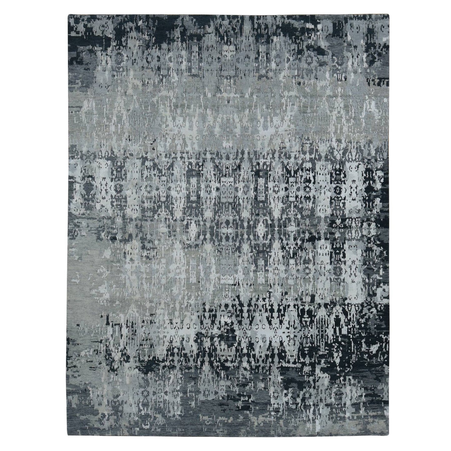 8'10"X11'8" Cloud Gray Erased Design Wool With Real Silk Hand Knotted Rug