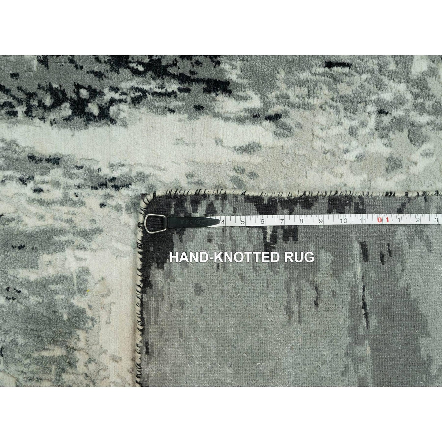 4'X10' Shadow Black Hand Knotted Abstract Wool And Silk Wide Runner Rug