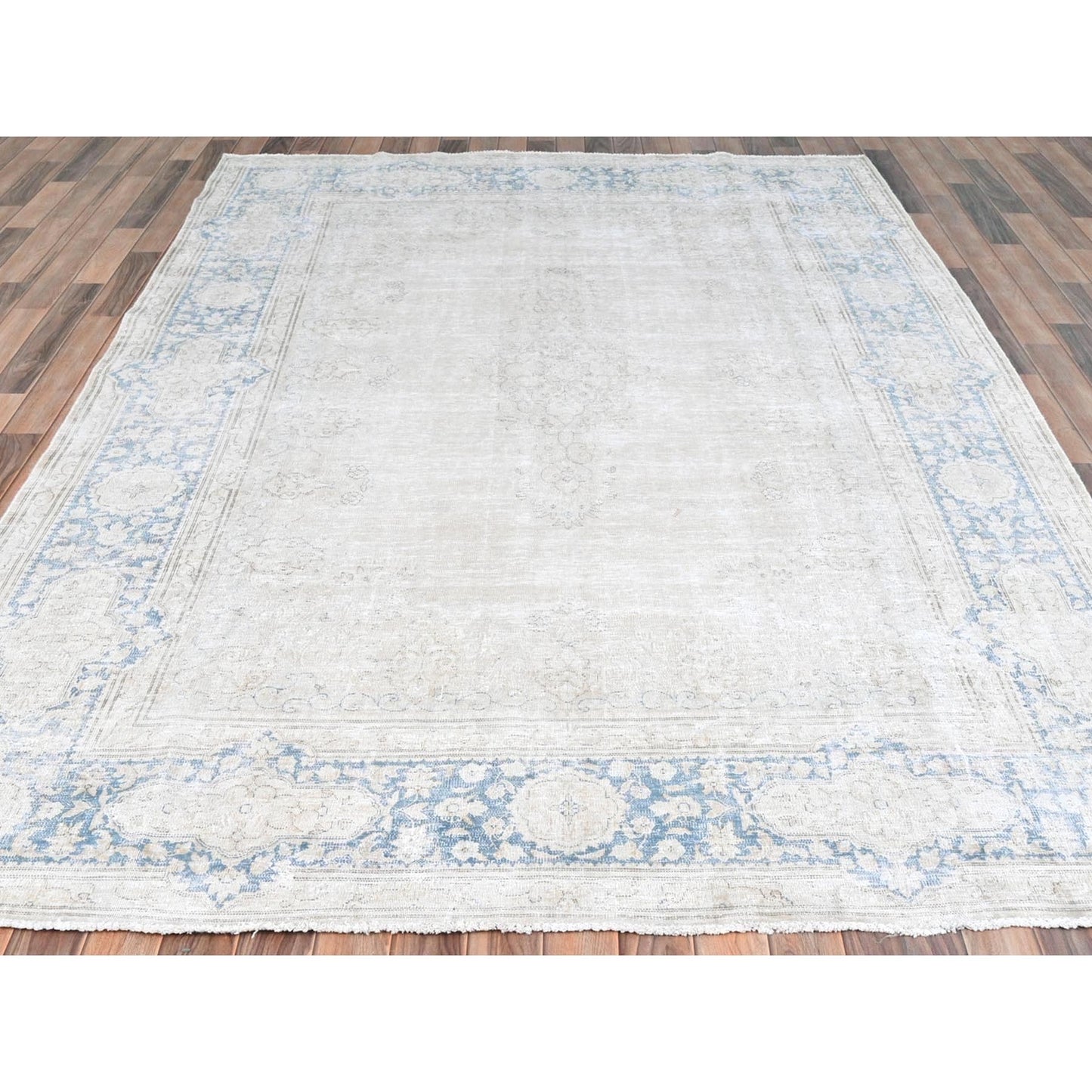 7'X10' Ivory Hand Knotted Vintage Farsian Karman Worn Wool Rug