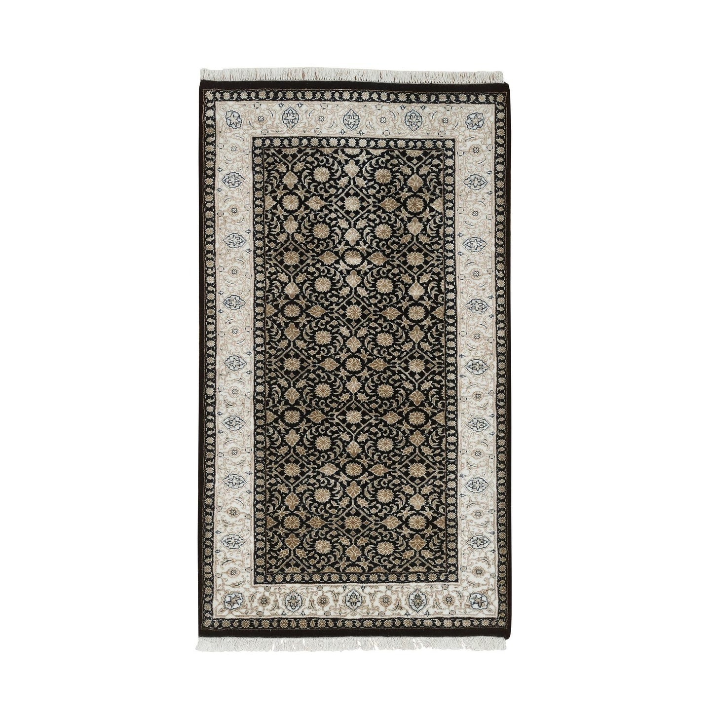 2'5"X4'7" Black Hand Knotted Herrita Design 250 Kpsi Pure Wool Rug