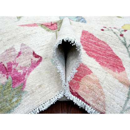9'X11'9" White Colorful Botanical Garden Design All Wool Hand Knotted Rug