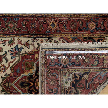 2'8"X14'3" Ivory Antiqued Heris Re-Creation Hand Knotted Wool Runner Rug