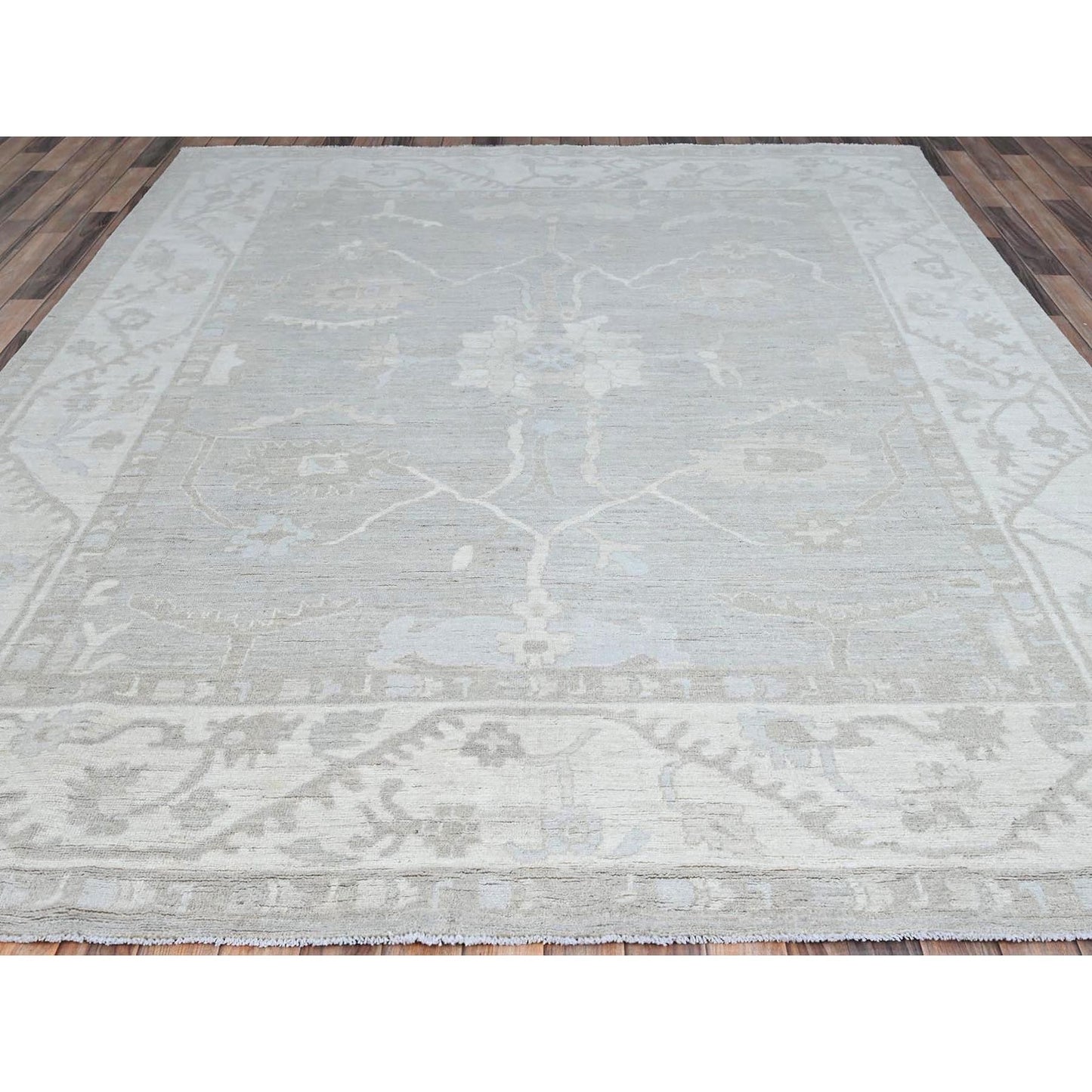 8'X9'8" Dove White Hand Knotted Afghan Peshawar Geometric Design Wool Rug