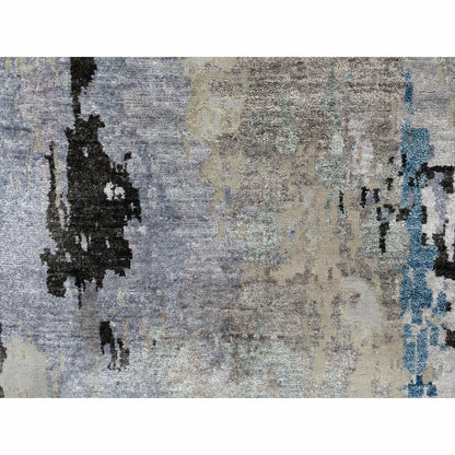 2'4"X7'5" Gray Abstract Design Wool & Silk Runner Hand Knotted Rug
