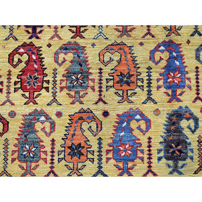 6'1"X8'10" Yellow Afghan Caucasian Design Revival Hand Knotted All Wool Rug