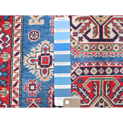 4'1"X6' Blue Kazak With Geometric Design Hand Knotted All Wool Oriental Rug