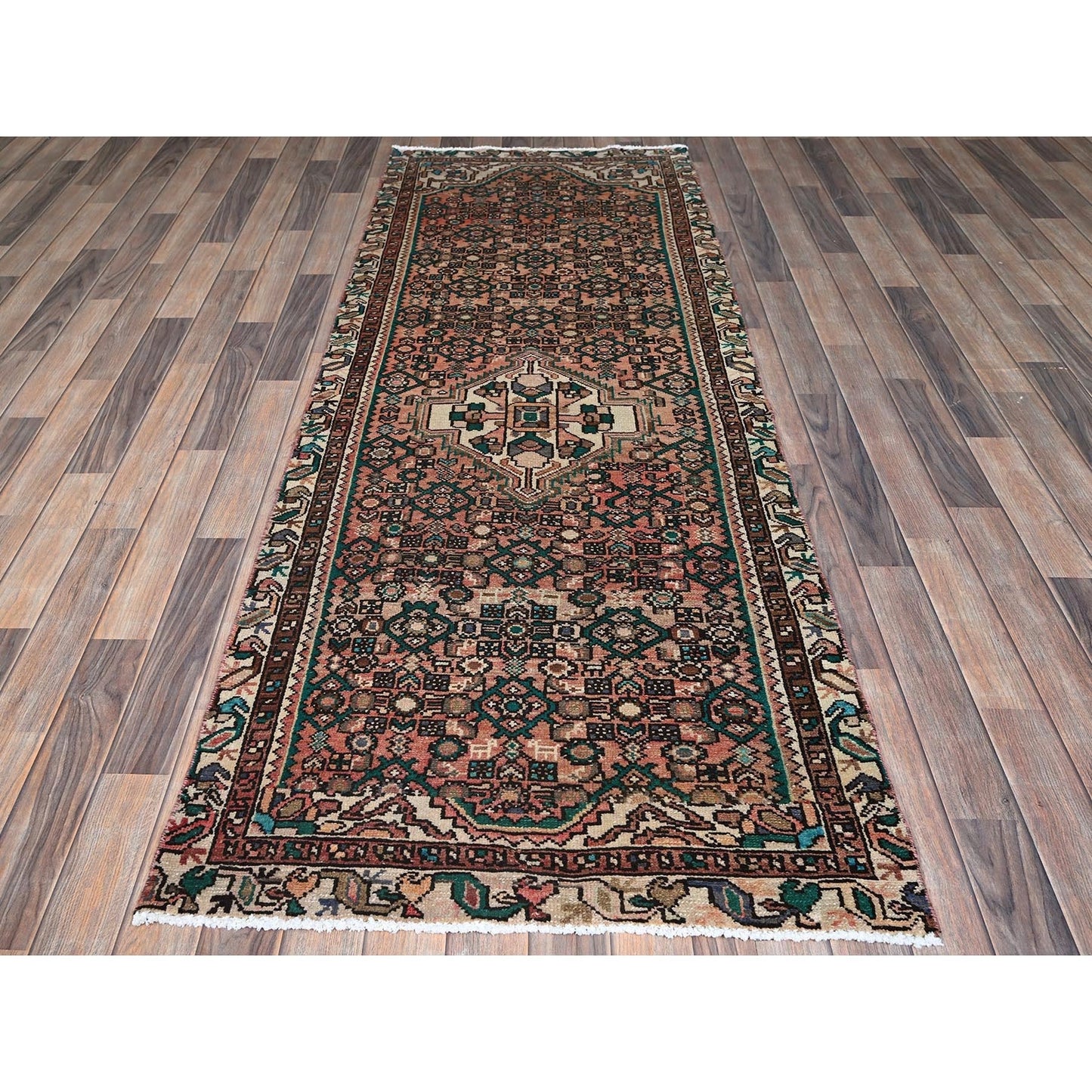 3'X8'1" Peach Vintage Zoroastrian Khamadan Hand Knotted Wool Runner Rug