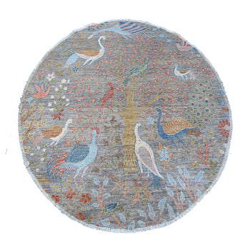 Rug 5'x5' Daphne Gray Hand Knotted Peshawar Birds of Paradise Wool Round