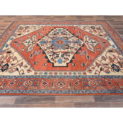 Rug 8'3"x9'10" Orange Peshawar with Serapi Heriz Design Wool Hand Knotted