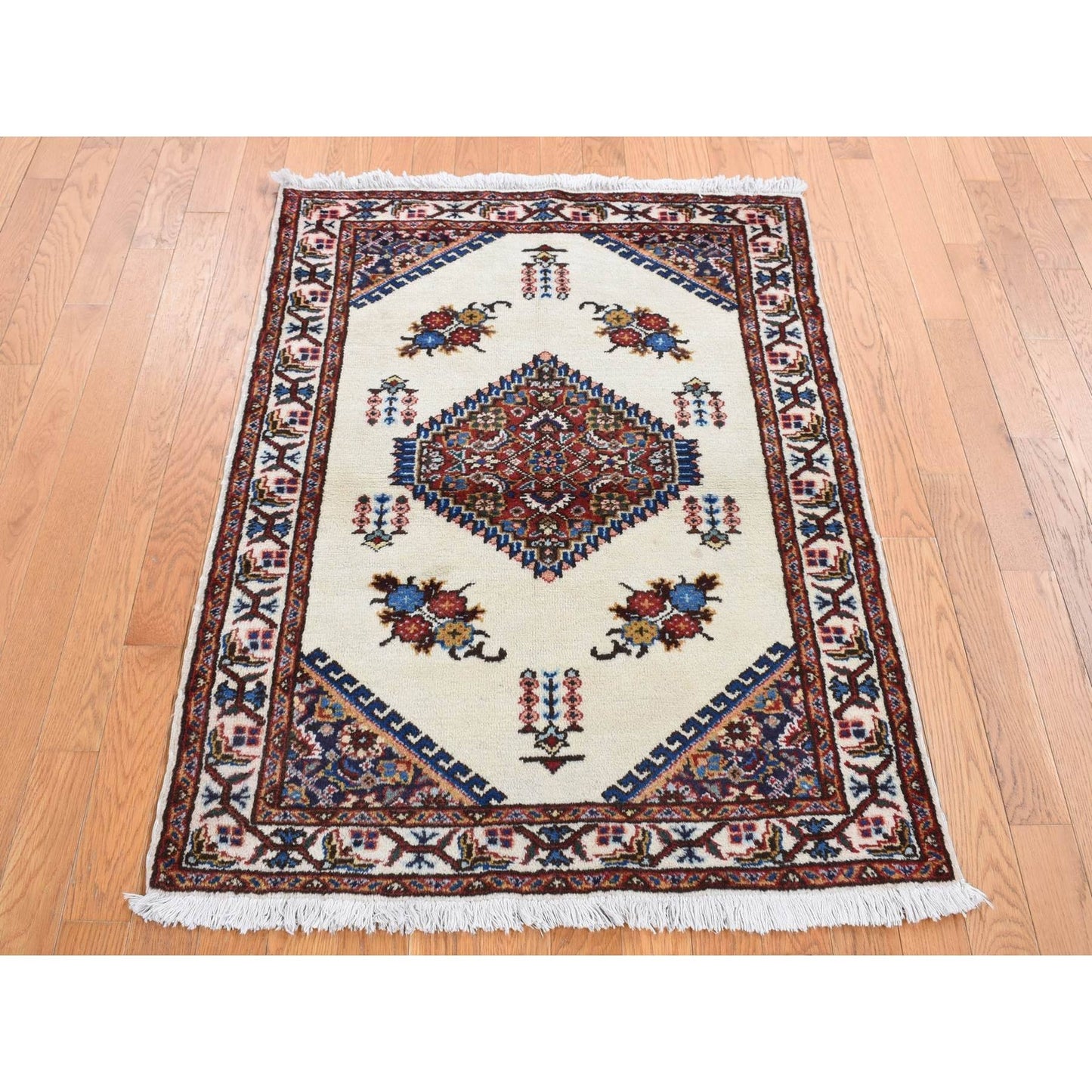 3'3"X4'3" Ivory New Bohemian Karabakjoon Pure Wool Hand Knotted Rug