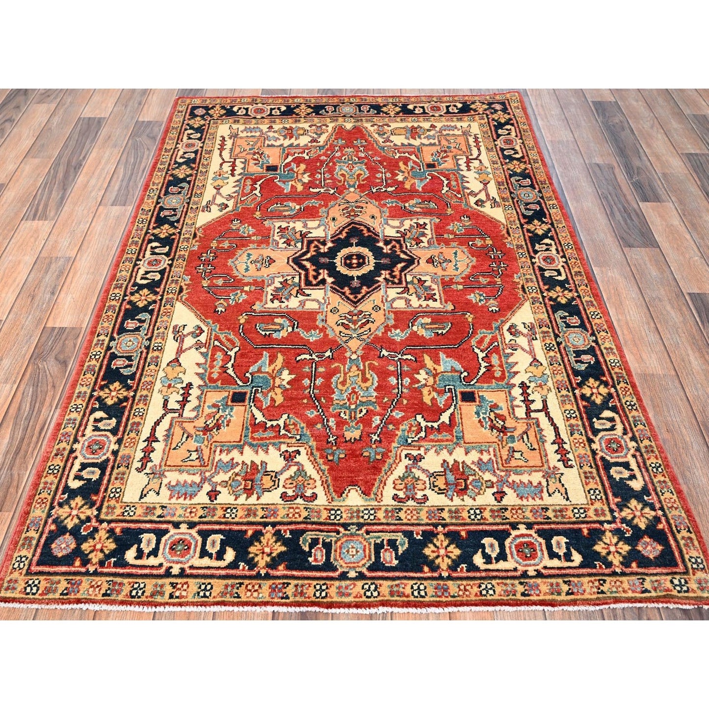 4'X6' Red Hand Knotted Afghan Peshawar With Seeripe Heris Design Wool Rug