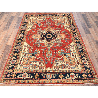 4'X6' Red Hand Knotted Afghan Peshawar With Seeripe Heris Design Wool Rug