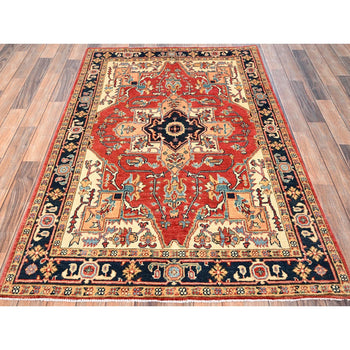 4'X6' Red Hand Knotted Afghan Peshawar With Seeripe Heris Design Wool Rug