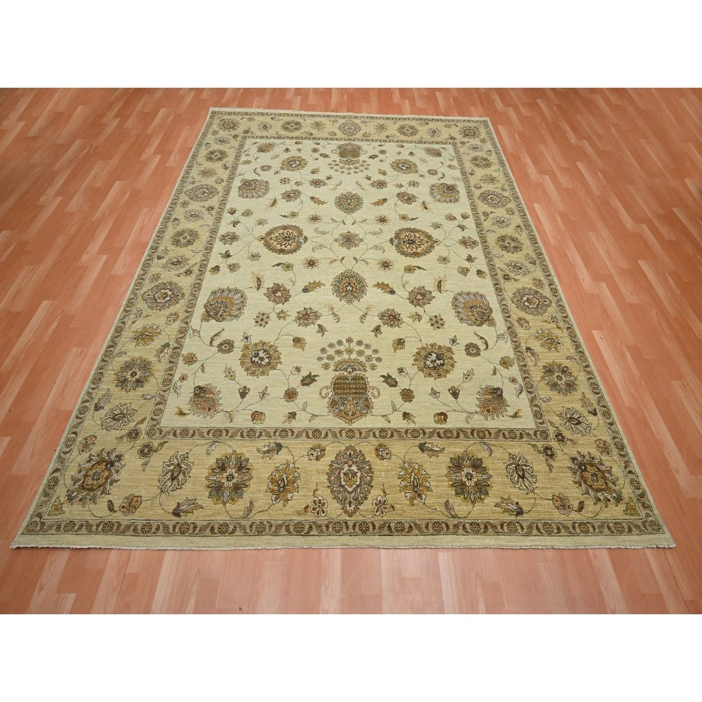 8'X10' Ivory Hand Knotted Agra Ziegler Design Leaf Pattern Pure Wool Rug