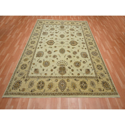 8'X10' Ivory Hand Knotted Agra Ziegler Design Leaf Pattern Pure Wool Rug