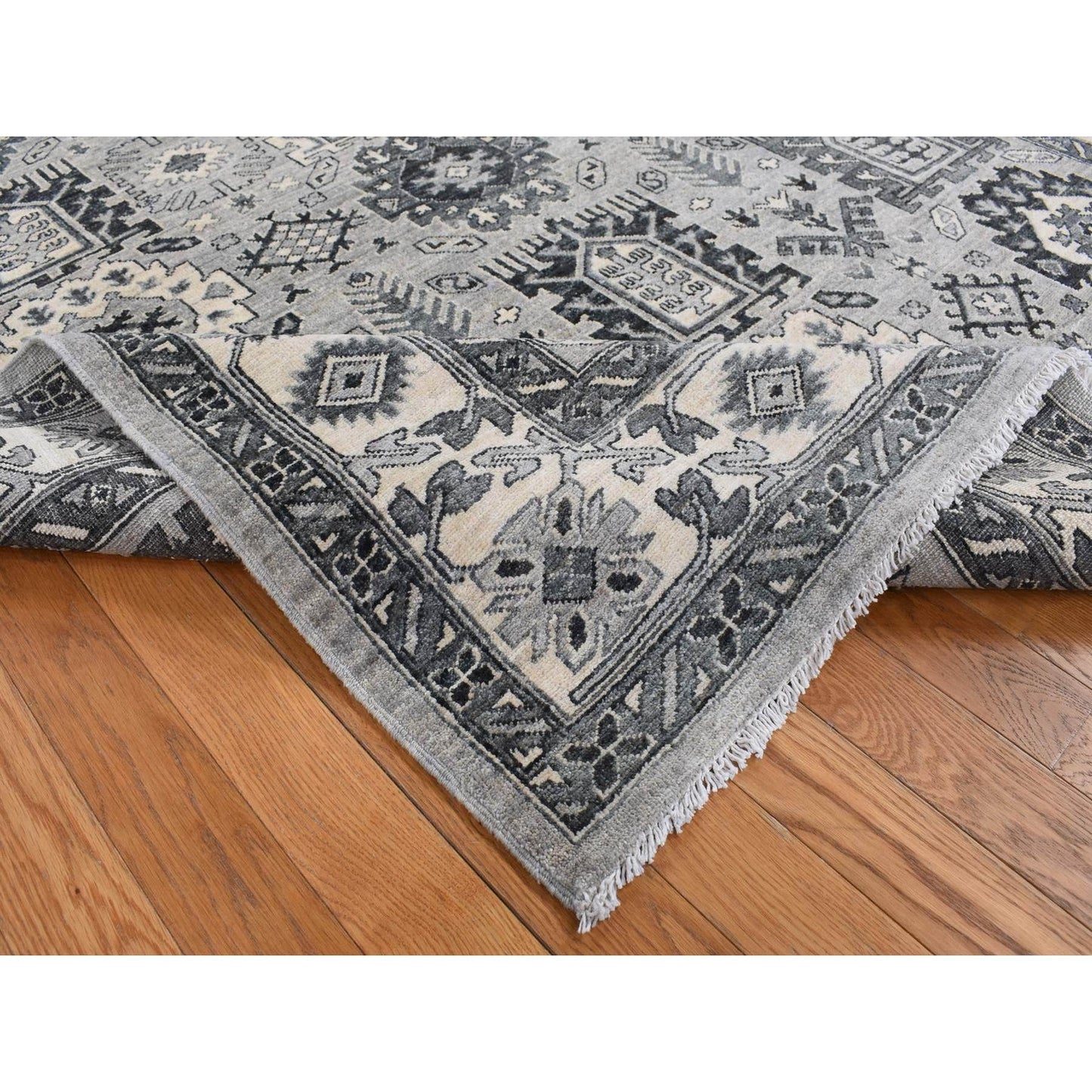 6'2"X9'2" Gray Pure Wool Hand Knotted Peshawar With Karjihooz Design Rug
