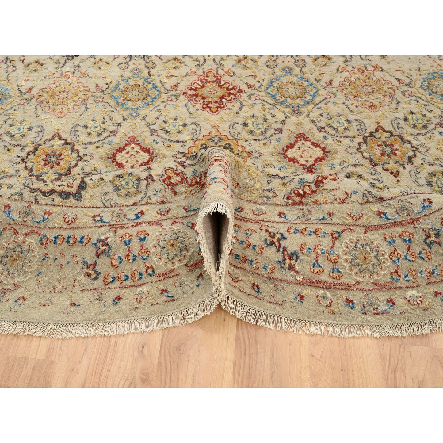 8'9"X8'9" Beige Wool And Pure Silk Hand Knotted Oriental Round Rug