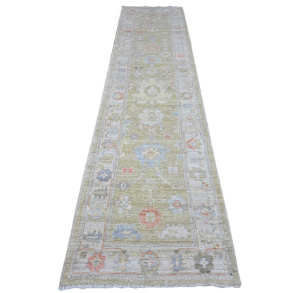 2'8"X11'6" Old Moss Green Rural Design Angora Oushak Oriental Runner Rug
