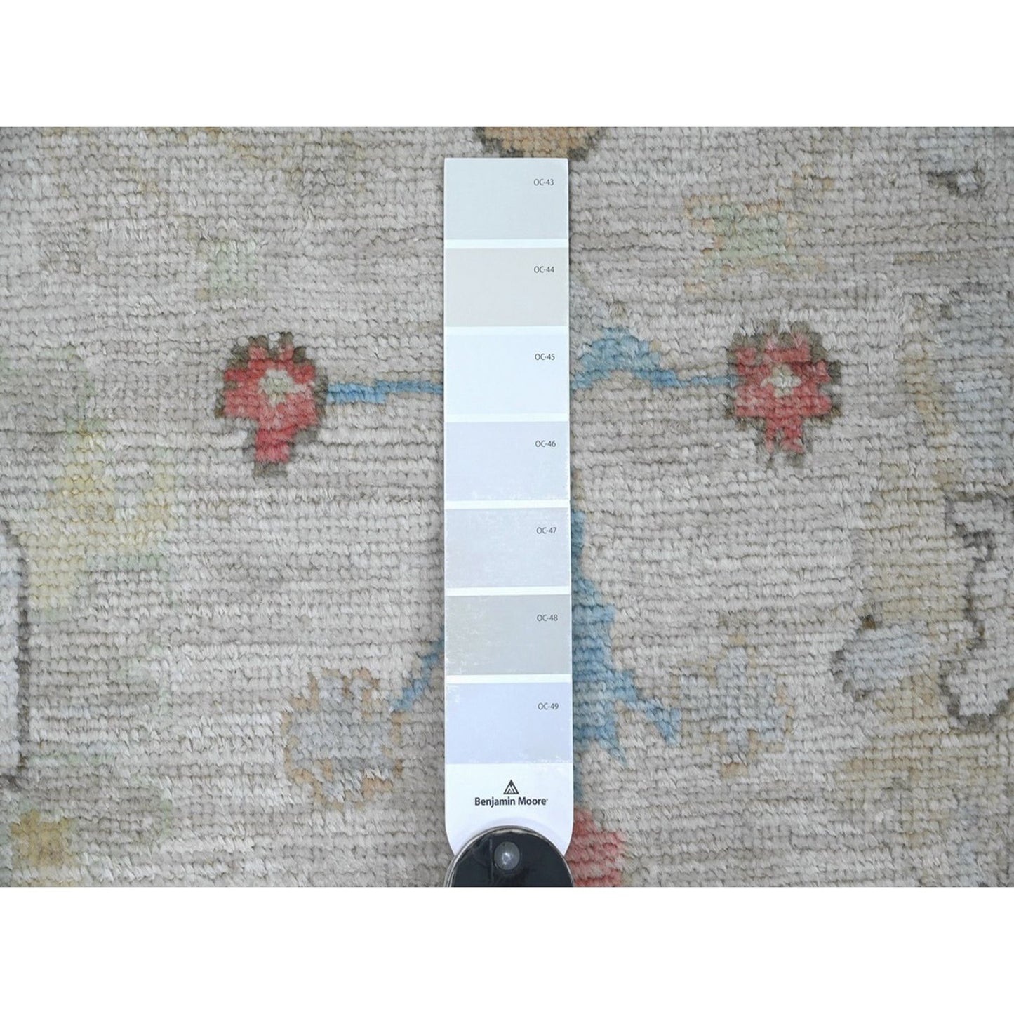 4'x9'7" Light Gray Angora Oushak Leaf Design Hand Knotted Wool Runner Rug
