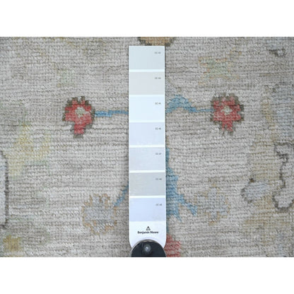 4'x9'7" Light Gray Angora Oushak Leaf Design Hand Knotted Wool Runner Rug