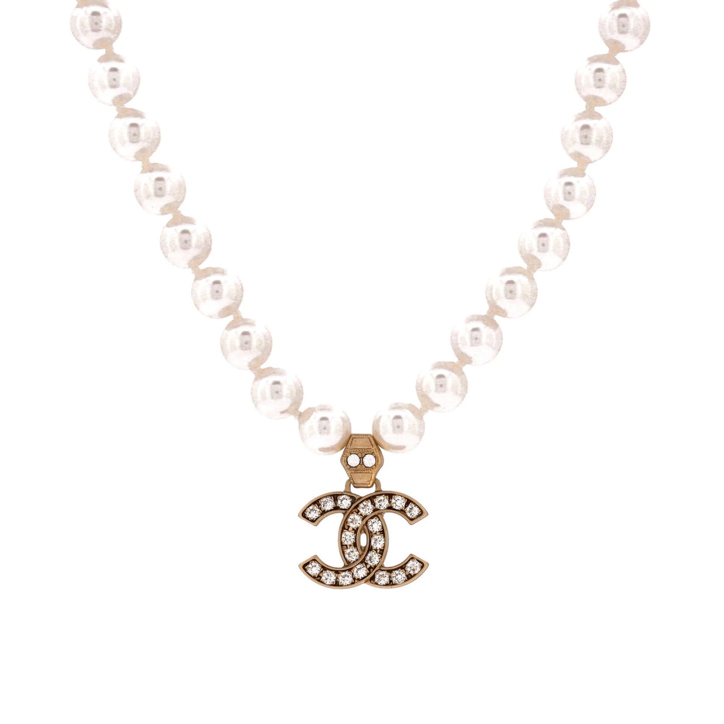 Chanel Cc Pendant Short Necklace Faux Pearls And Metal With Crystals