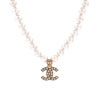 Chanel Cc Pendant Short Necklace Faux Pearls And Metal With Crystals