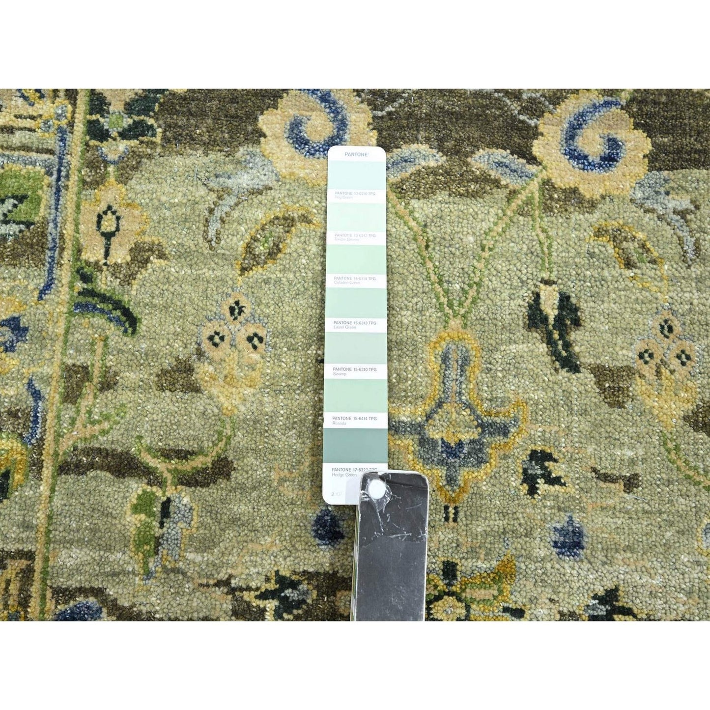 2'7"x10'5" Green Erased Zoroastrian Design Hand Knotted Wool Runner Rug