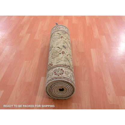 3'X12'1" Green Hand Knotted Rajasthan Design Silk And Wool Runner Rug