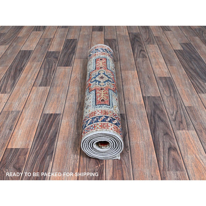 2'8"X7'5" Gray Caucasian Design Hand Knotted Pure Wool Runner Oriental Rug