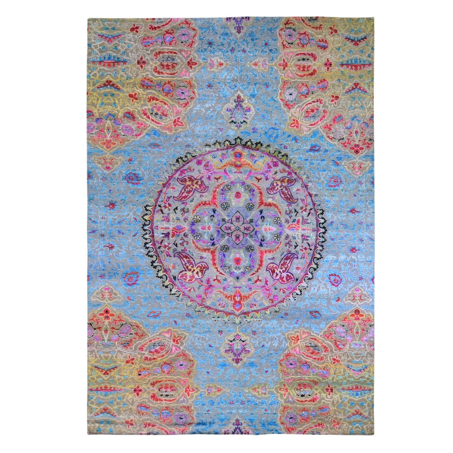 9'9"x13'8" Sari Silk-Text Wool Colorful Maharaja Design Hand Knotted Rug