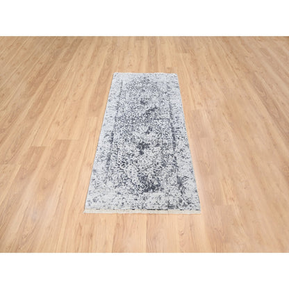 2'6"X6' Hand Knotted Gray Erased Farsian Design Wool/Silk Runner Rug