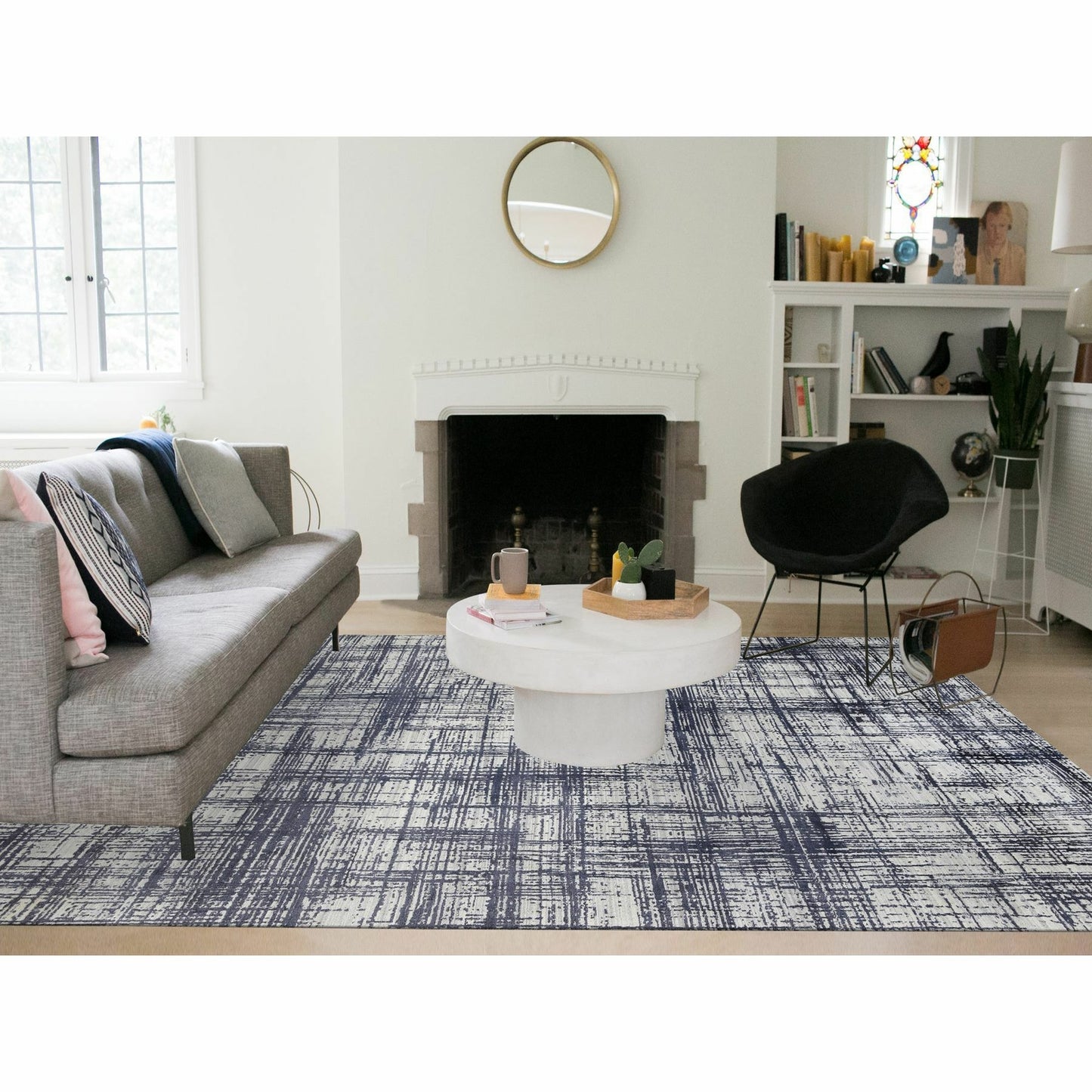 10'X13'9" Black Modern Erased Lines Design Wool And Silk Hand Loomed Rug
