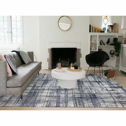 10'X13'9" Black Modern Erased Lines Design Wool And Silk Hand Loomed Rug