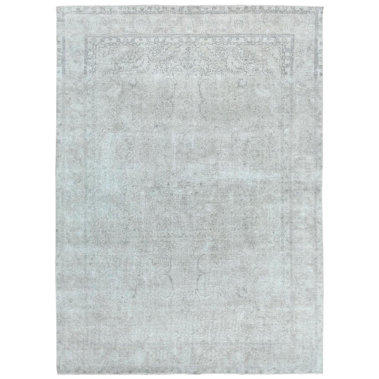 9'7"X13'2" Gray Hand Knotted Old Farsian Tebraz Worn Wool Distressed Rug